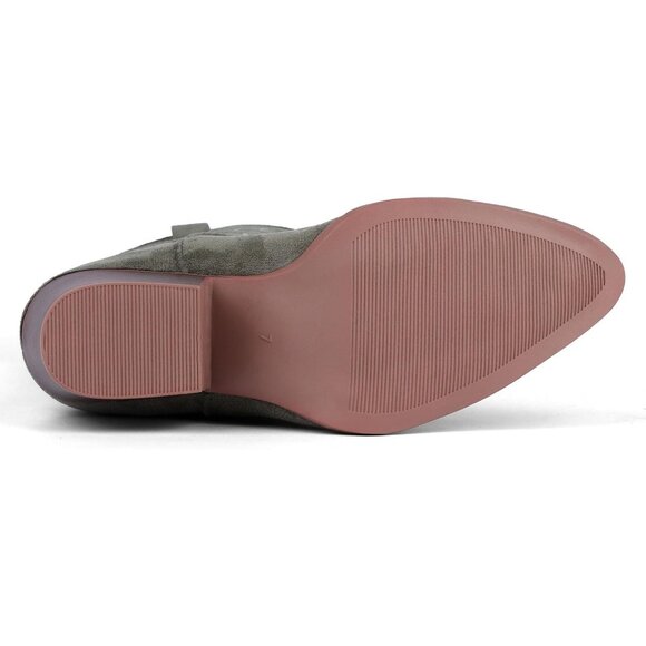 Women Grey Suede Mid Calf Chunky Block Heel Western Embroidered Fashion Boot - Picture 5 of 5